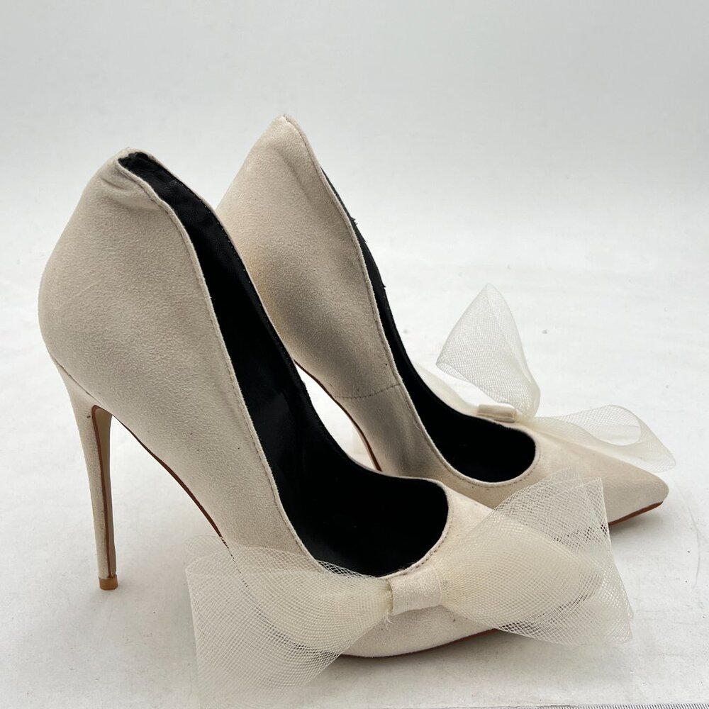 FSJ Apricot Mesh Bows Prom Pointy Toe High Heel Stiletto Pumps Closed Toe Shoes - Picture 4 of 8